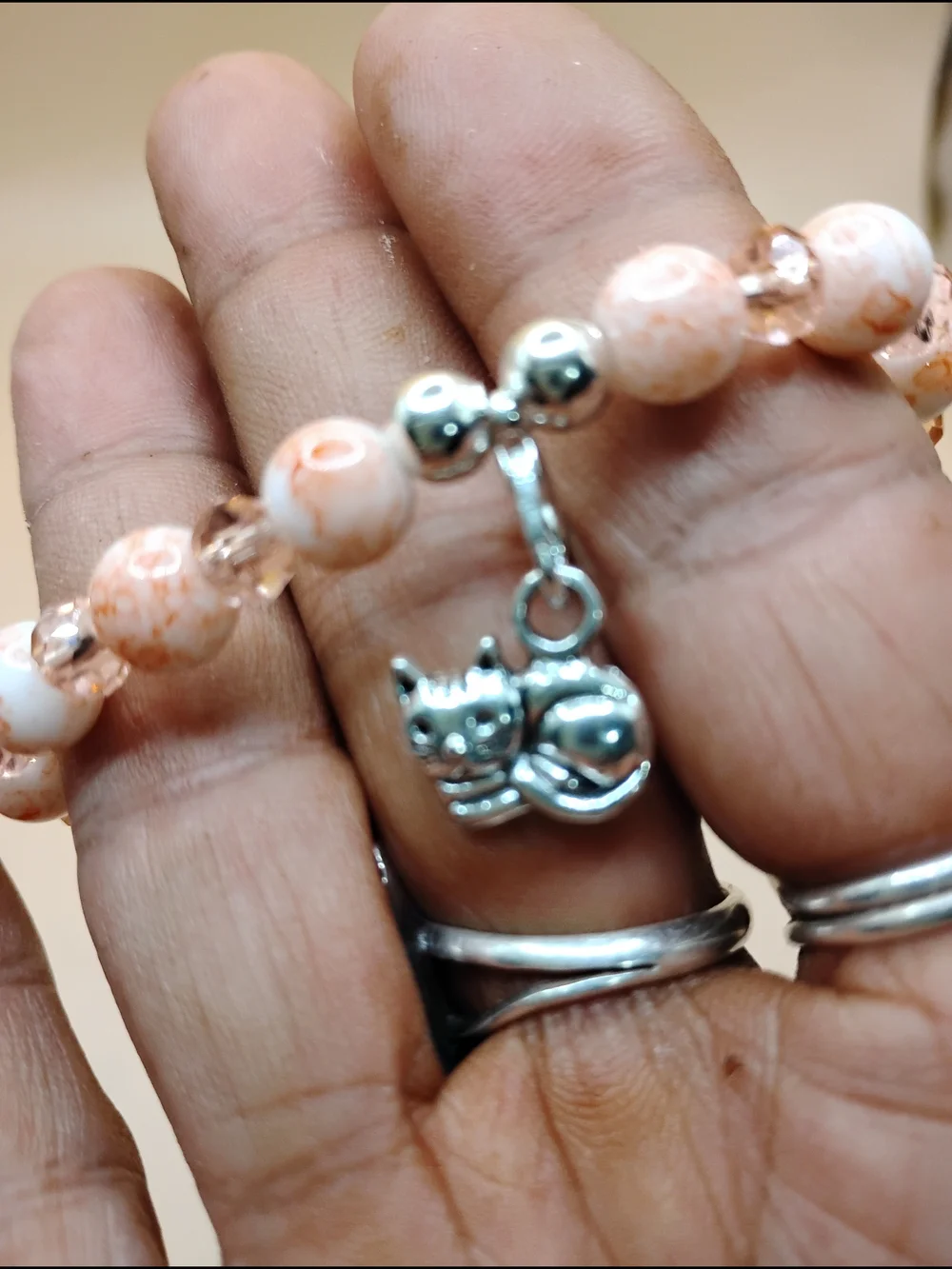 Peach & White Beaded Stretch Bracelet with Cat Charm
